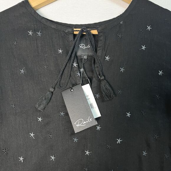 NWT Rails Lydia Black Stars Linen Rayon Embroidered Boho Babydoll Dress Sz S - Picture 3 of 9